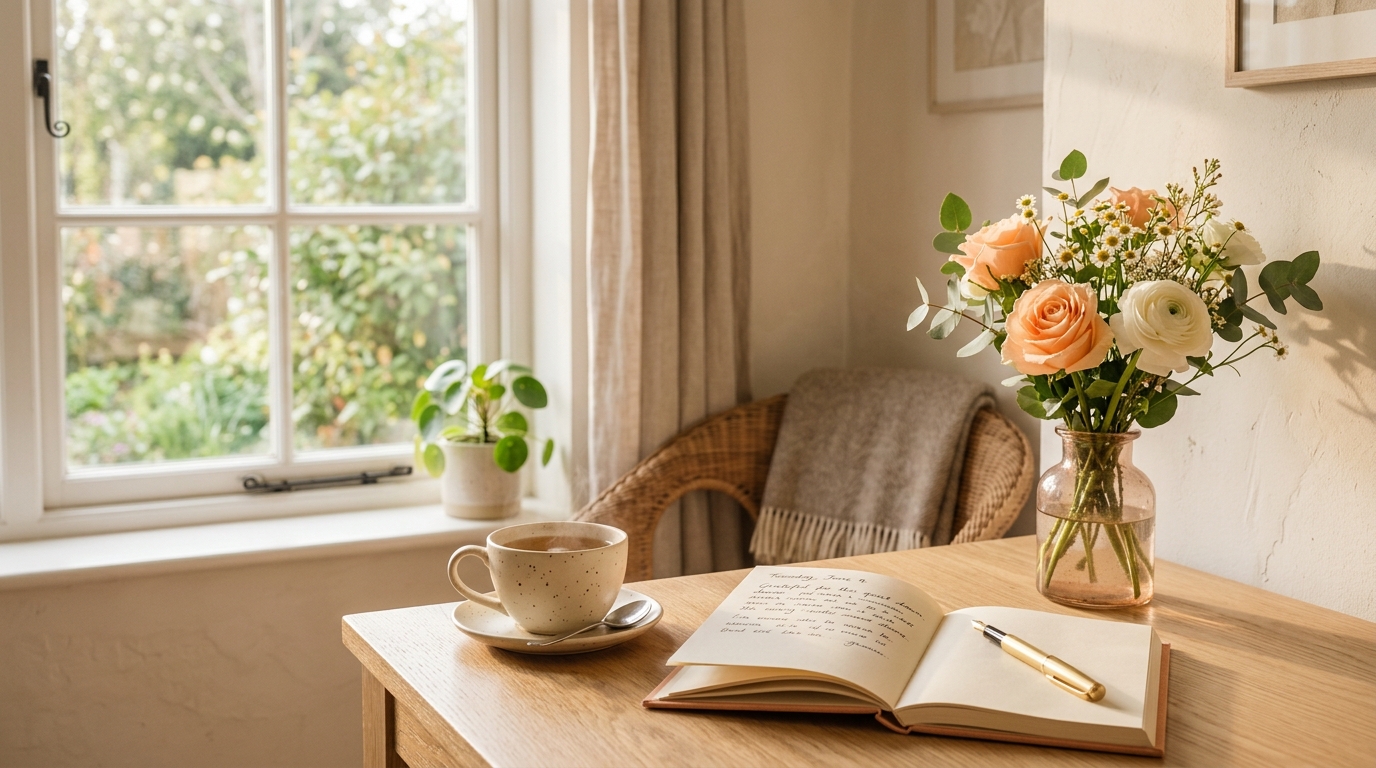 Pokojné ranné prostredie s čajom a denníkom