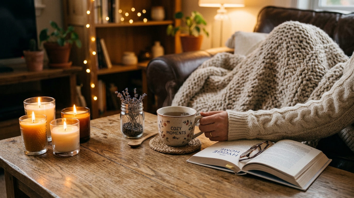 Večerná relaxačná scéna so sviečkami a čajom